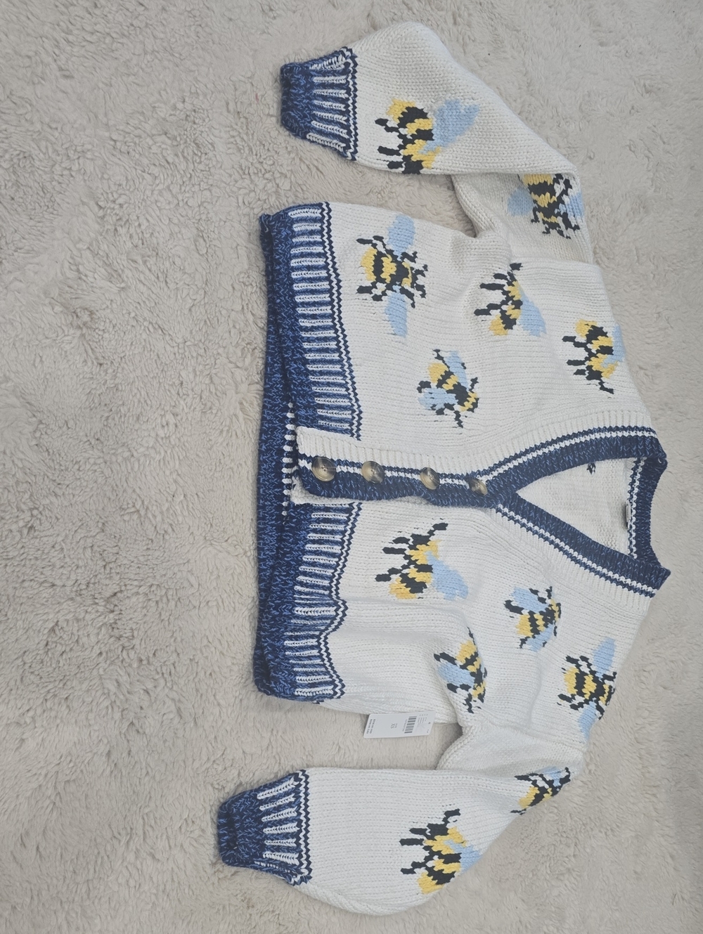 Maeve Cream Knit Cardigan with Blue Trim and Yellow Bee Motif